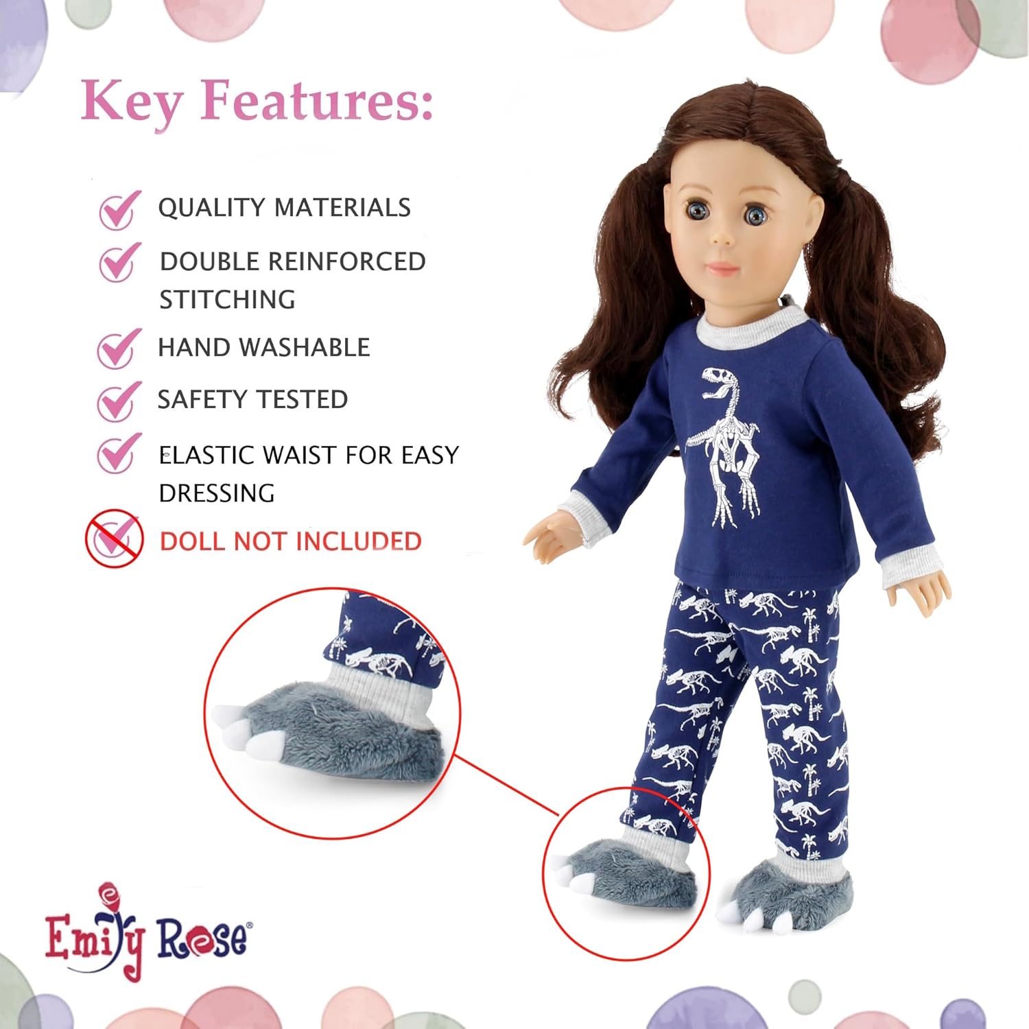 Emily Rose 18 Inch Doll Clothes - 3PC Blue Grey Dinosaur Doll Pajamas PJs Set with Slippers | American Girl Compatible | Gift Boxed - USA Brand