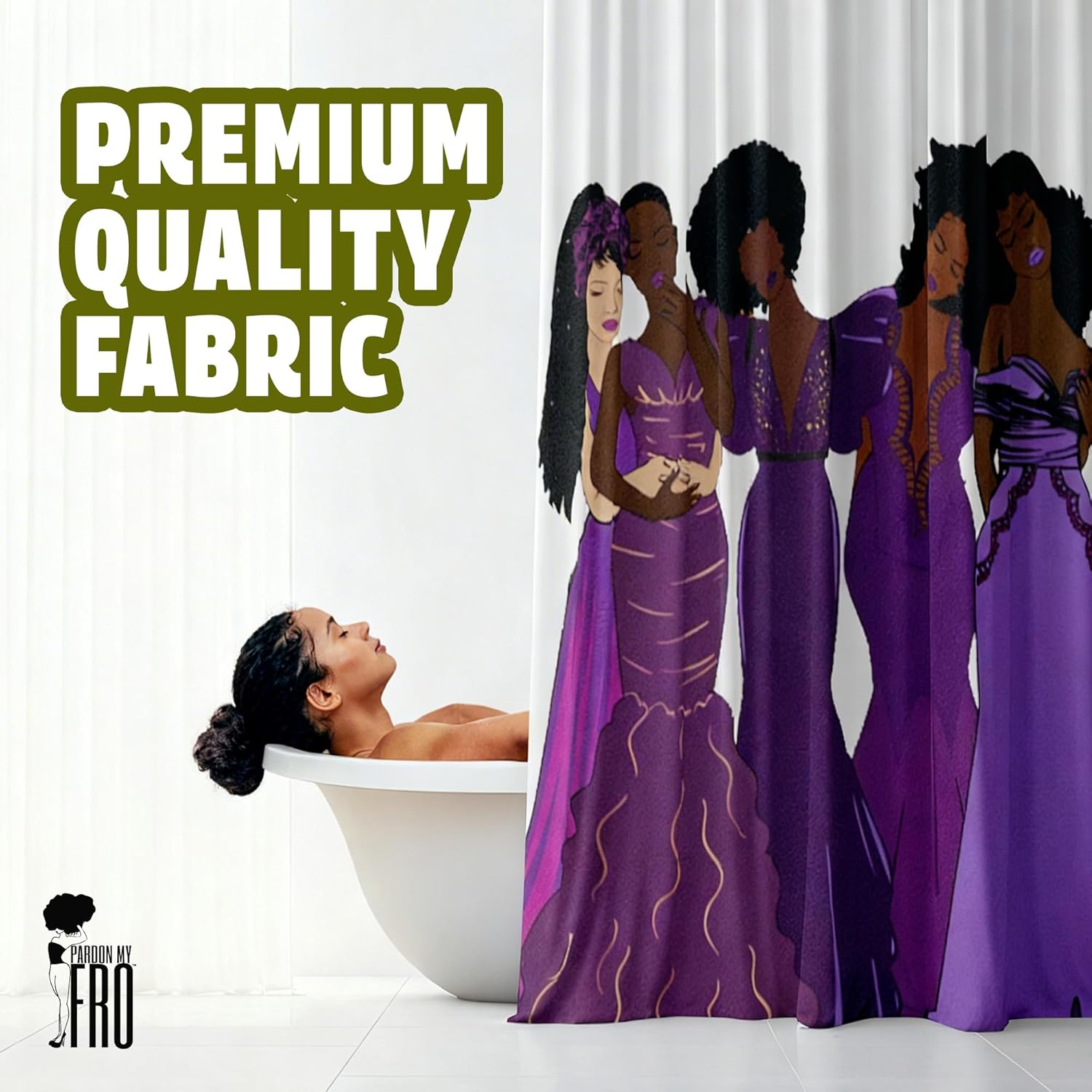 Pardon My Fro Royal Shower Curtain - 100% Polyester Fabric with Chic Print, Waterproof, Elegant Décor, One-Side Print, Stylish Bathroom Curtain for Bathtub, Hooks are not Included, White, 71" x 71"
