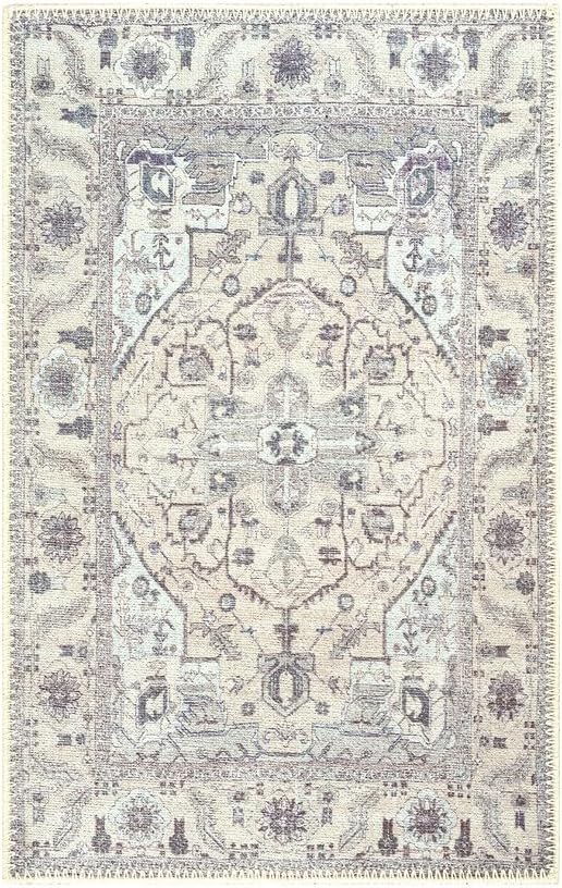 GLN Rugs Traditional Collection - Machine Washable Area Rug, Traditional Washable, Non Slip, Low Pile Chenille Rug, Living Room, Bedroom, Kitchen Rug (2' x 3' Cream/Gray)