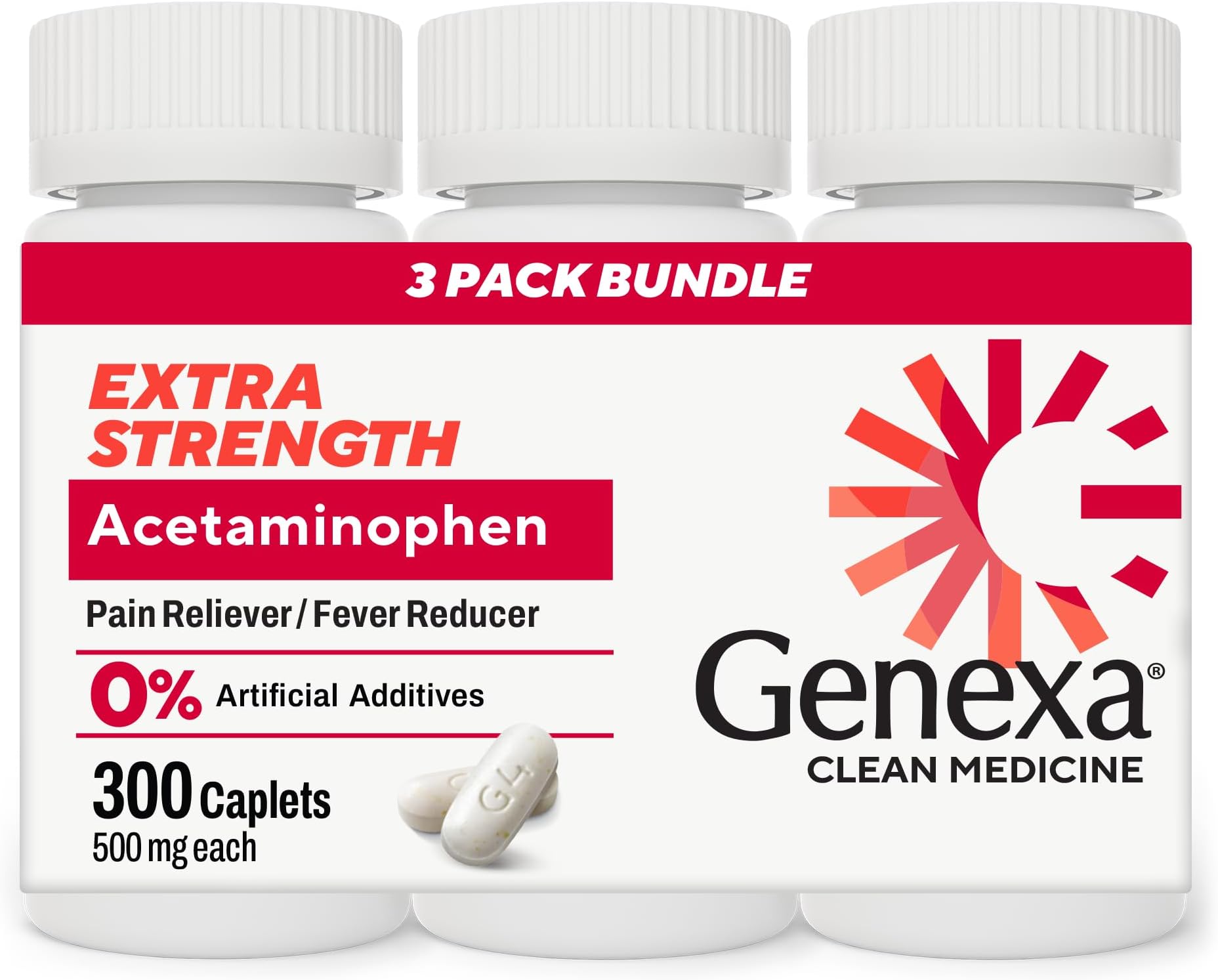 Clean Acetaminophen 500mg Extra Strength, Dye Free Pain Reliever Fever Reducer, 0% Artificial Additives, Pain Medicine for Adults, Relieves Headache, Backache, Minor Arthritis Pain, 300 Tablets