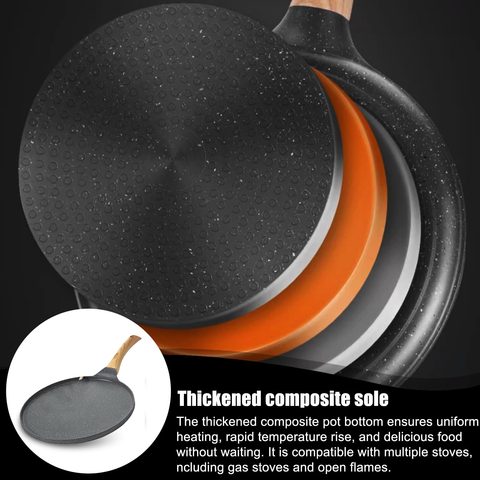 VEGOATY Crepe - Padella per pancake, 26 cm, con manico in bachelite, rivestimento antiaderente in granito da 26 cm, adatta per piani cottura a induzione, elettrici, in ceramica e a gas (grigio)