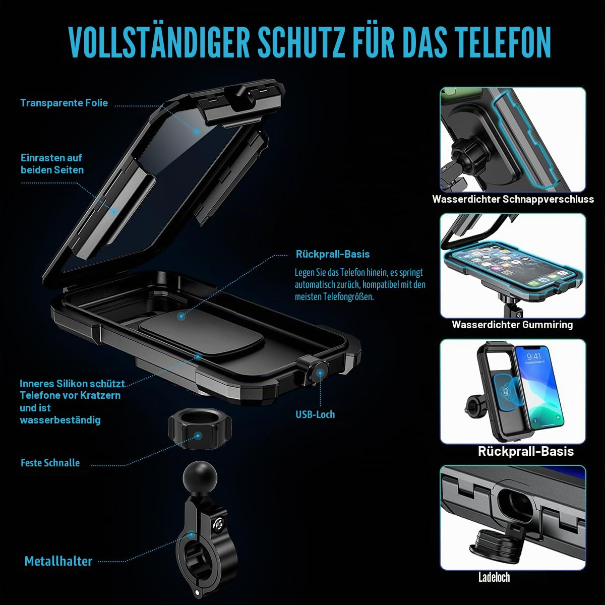 Wasserdicht Handyhalter Fahrrad, Motorrad Handyhalterung Abnehmbare, 360​​° Drehbarem Lenker Halter für Smartphone 5.5 – 6.8 Zoll, Anti-Vibration, Touch ID und Face ID (L)