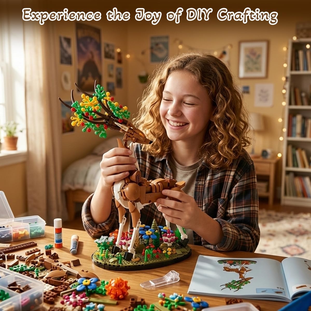 DIY Deer with Flowers Building Set, Animal & Plants Collection Model Kit, Nature Decor for Home Office Shelf, Collectible Craft for Adults & Teens