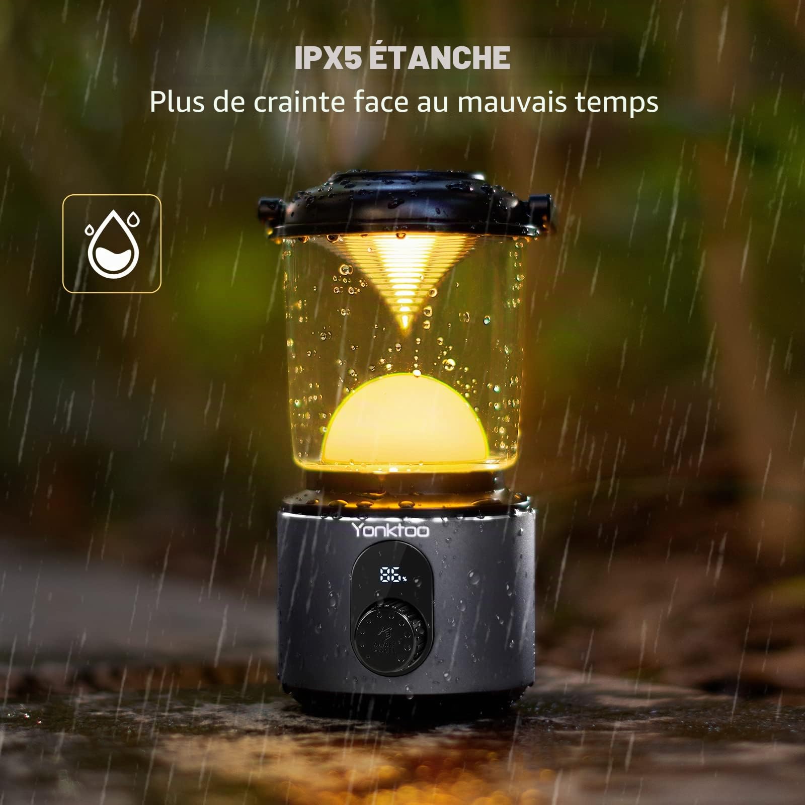 Yonktoo Lampe de camping 10400 mAh,Batterie USB C,Rechargeable,Avec 5 modes d'éclairage et écran LCD,Lumière de camping IPX5,Étanche,Pour la randonnée, les urgences, la batterie externe, le camping