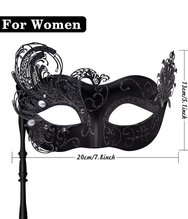 SIQUK Couple Masquerade Masks with Stick Metal Venetian Mask on a Stick Halloween Costume Mask Mardi Gras Mask Masquerade Party Mask for Couples Women and Men, Swan Black by SIQUK - Image 3