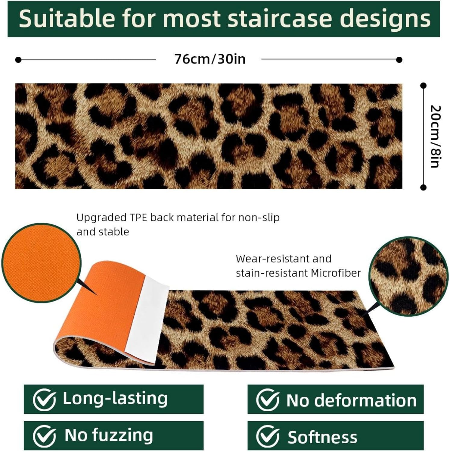 15pcs Brown Leopard Print (1) Stair Treads Non-Slip Carpet Mat Indoor Stair Runners for Wooden Steps, Edging Stair Rugs for Kids and Dogs