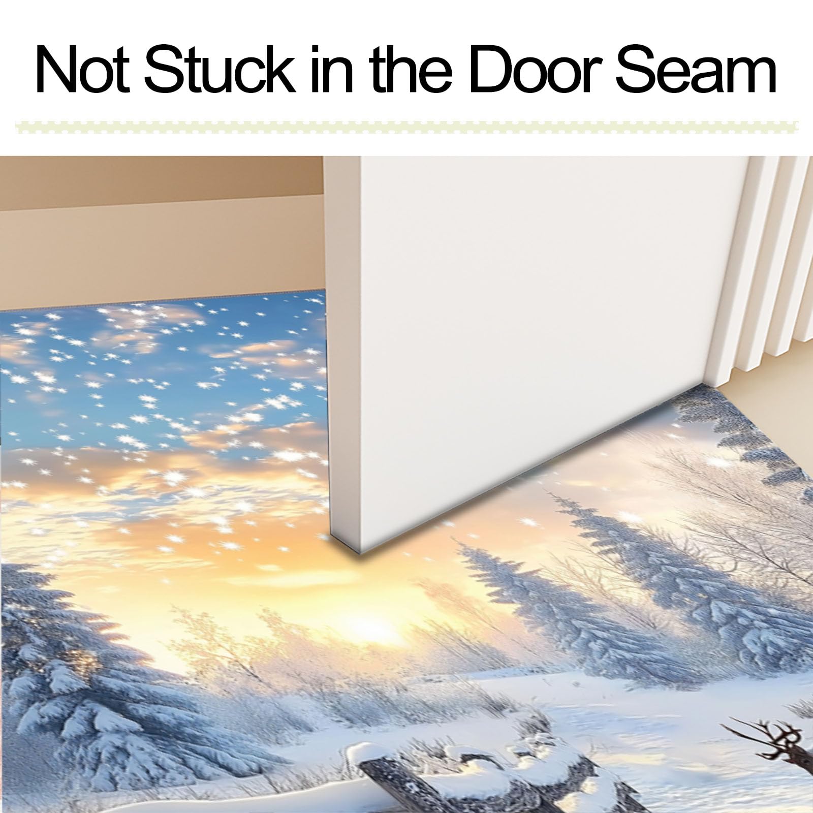 Felpudo De Navidad, Alfombra Copos De Nieve Al Atardecer para Entrada Casa 90X150Cm, Alfombra De Puerta De Entrada, Felpudos Lavables Patrón De Bosque De Renos Azul Cielo, Decorativo Casa