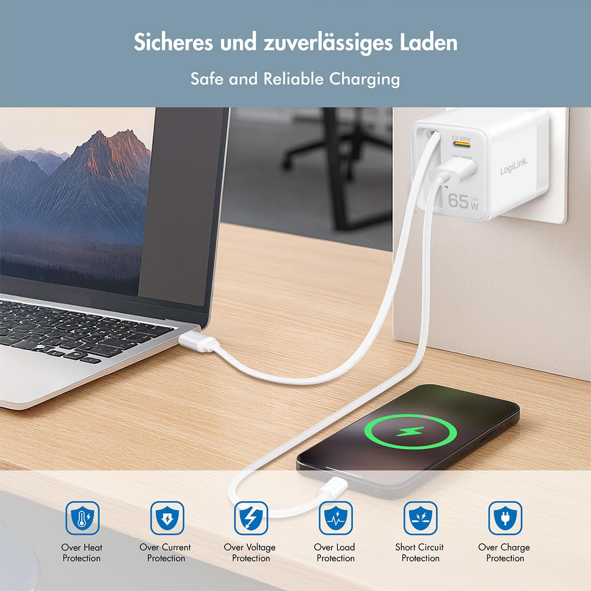 LogiLink GaN - Caricabatterie da 65 W, Quickcharge (QC), PowerDelivery (PD), sovracorrente, surriscaldamento, sovraccarico, sovratensione, sovraccarico e cortocircuito