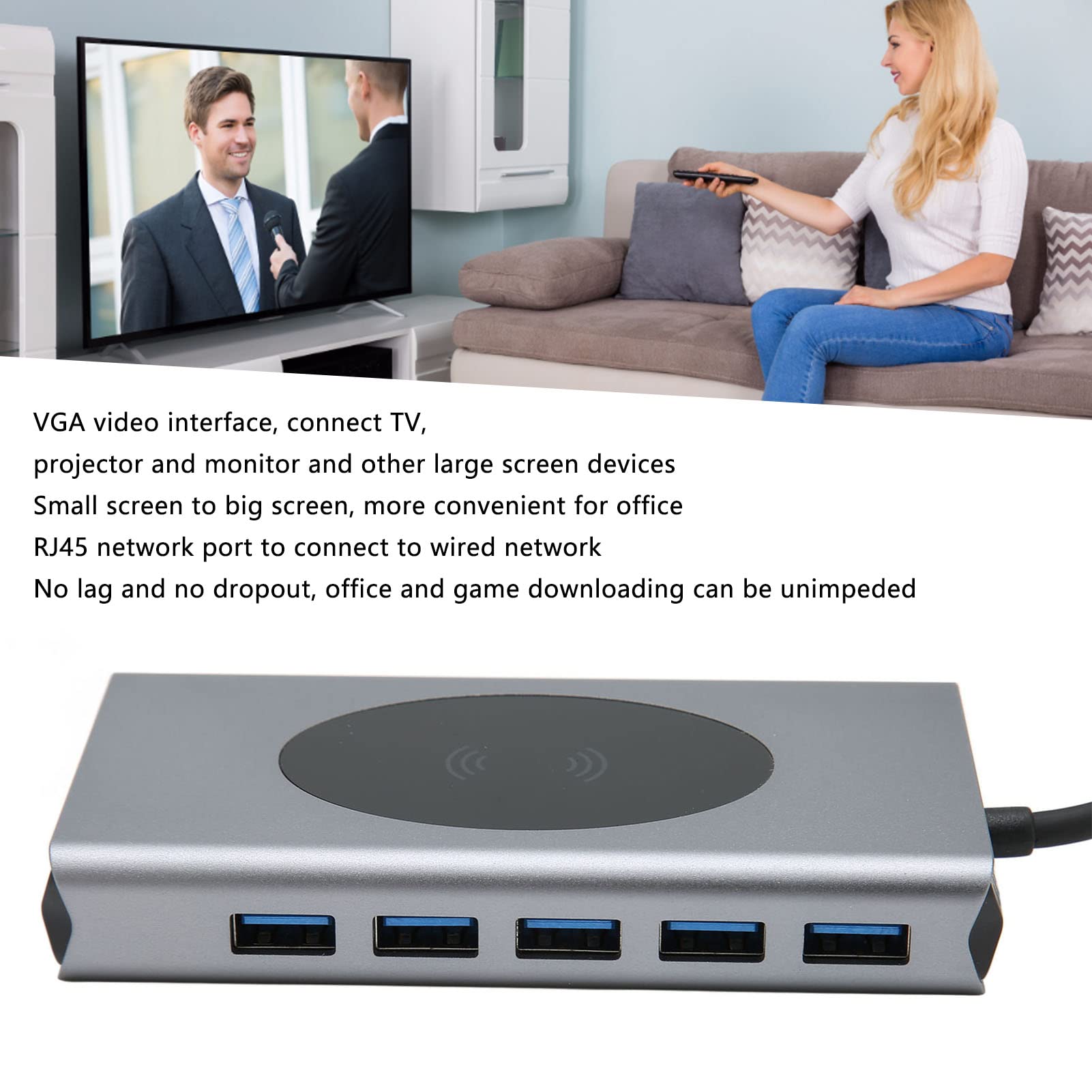 Yunseity Adaptador Multipuerto 13 en 1 USB C Hub, Tipo C a HDMI+VGA+USB3.0 * 5+SD+TF+RJ45+PD+AUDIO3.5+Carga Inalámbrica 10W Estación de Acoplamiento Dongle, Adaptador USB C Dongle