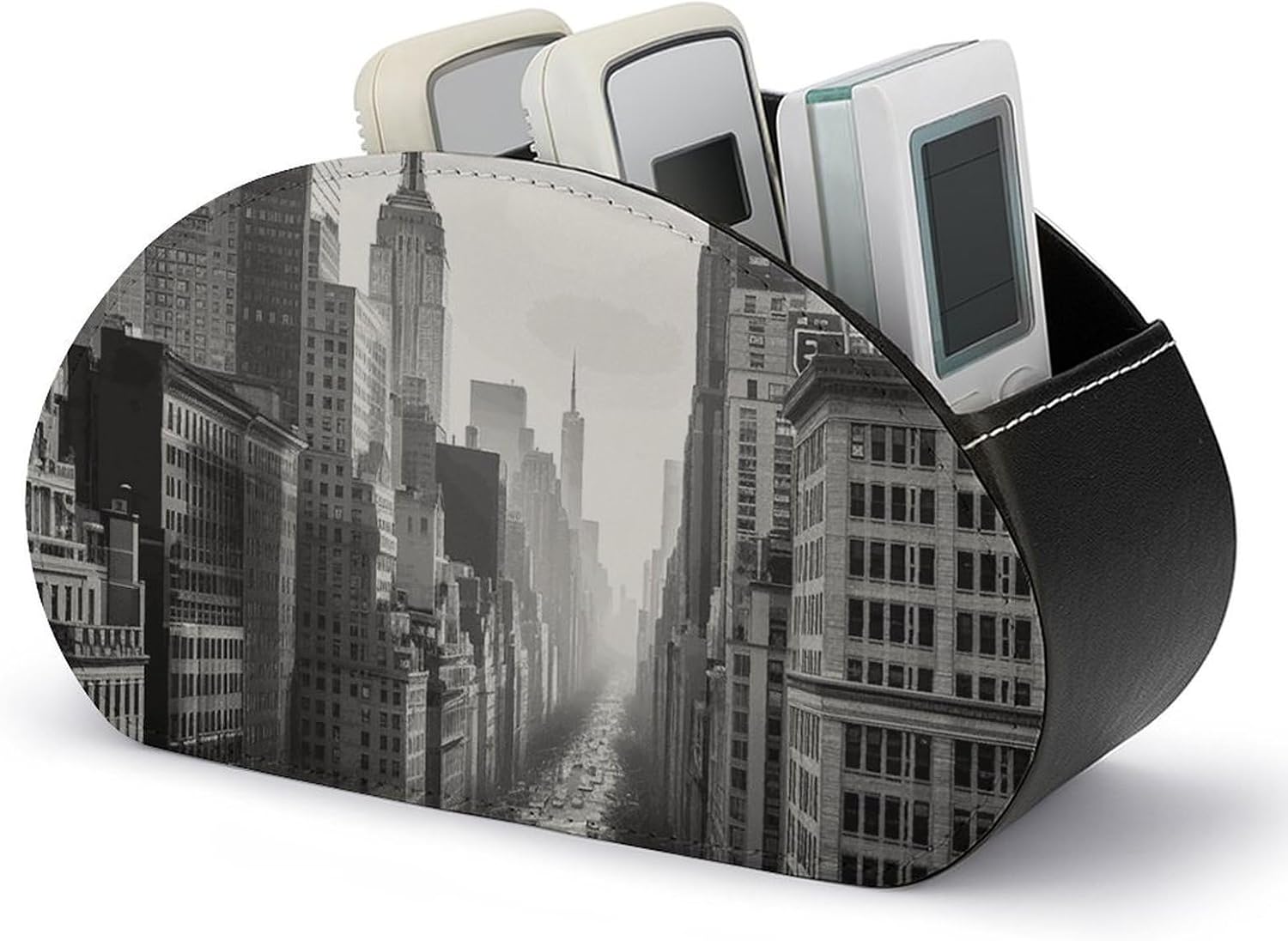 PU Leather Remote Organizar Box for Office, Black And White New York TV Remote Control Holder with 5 Compartments, Anti-slip Desktop Remote Caddy Storage for DVD, Blu-Ray, Media Player