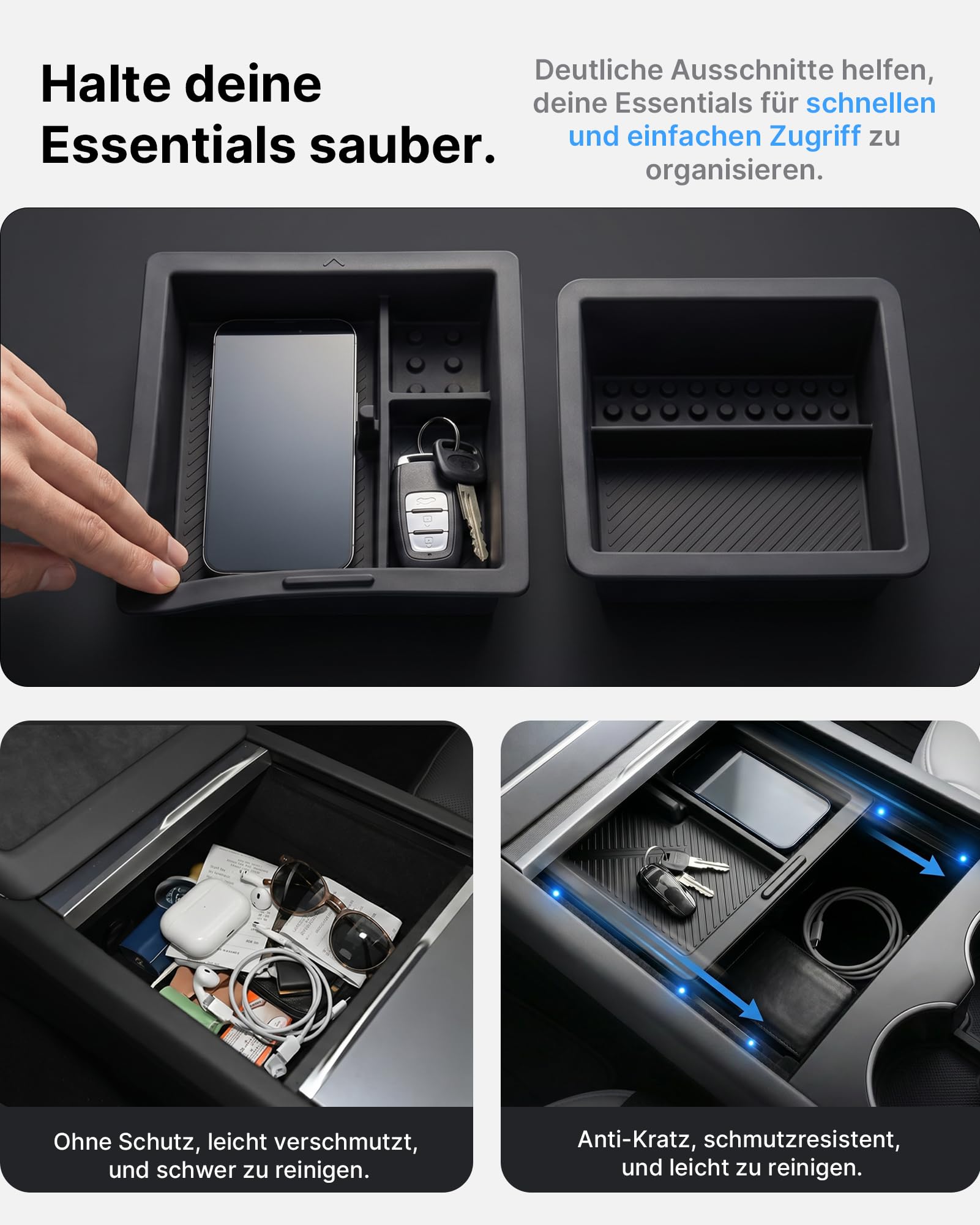 4-Teiliges Mittelkonsole Organizer für Tesla Model 3 Highland 2024-2026 & Model Y Juniper 2025-2026 (nur Premium & Performance), Aufbewahrungsbox Armlehnenablage Zubehör