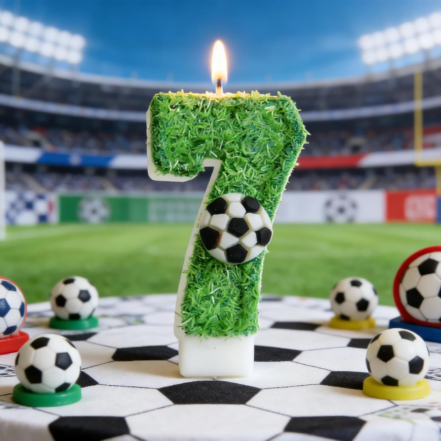 Soccer Number 7 Birthday Candles, Green Turf Style 7th Birthday Cake Topper with 6 Matching Tall Candles, Sports Theme Party Supplies (Number 7)