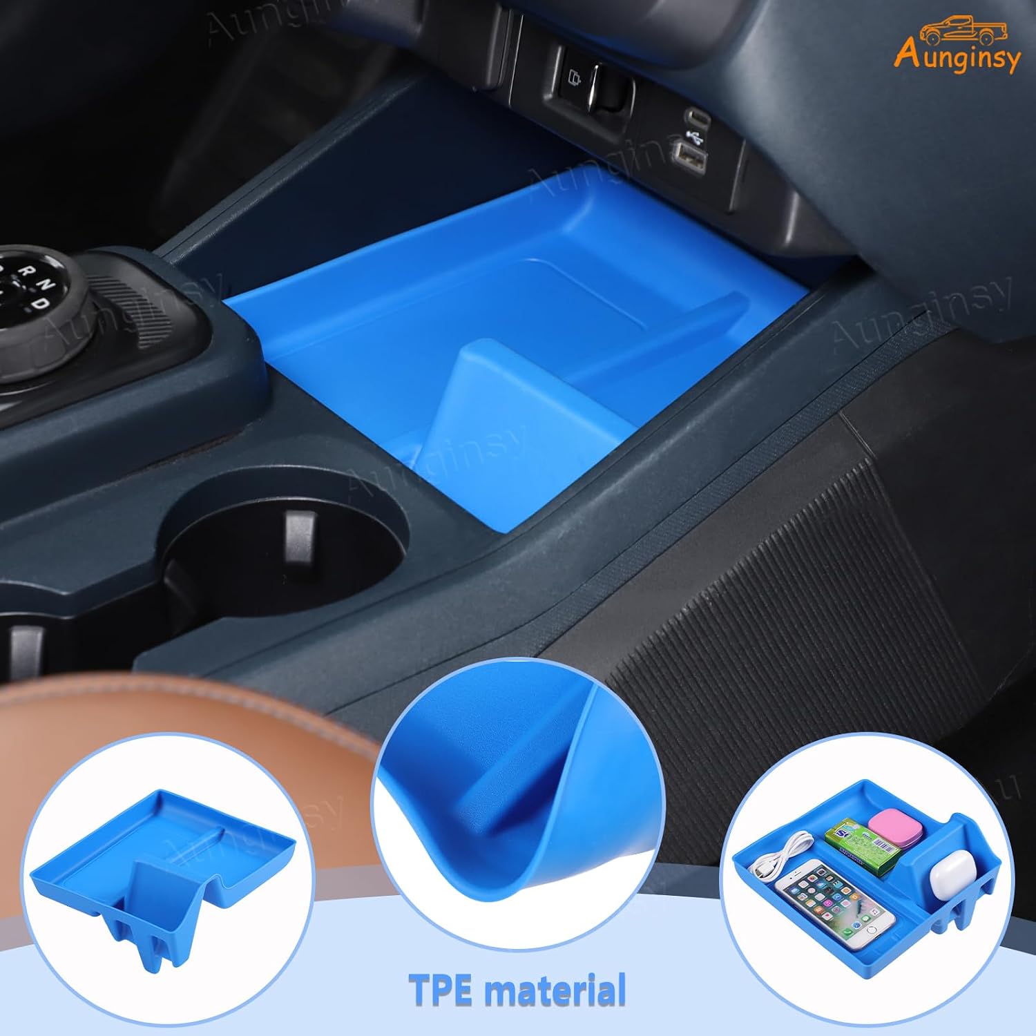 Aunginsy Center Console Shifter Storage Tray Compatible with Ford Maverick 2022-2026, Not Fit 2025+ Model with Wireless Charge, Gear Shift Groove Shock Pad Organizer Storage Box TPE Insert Accessories