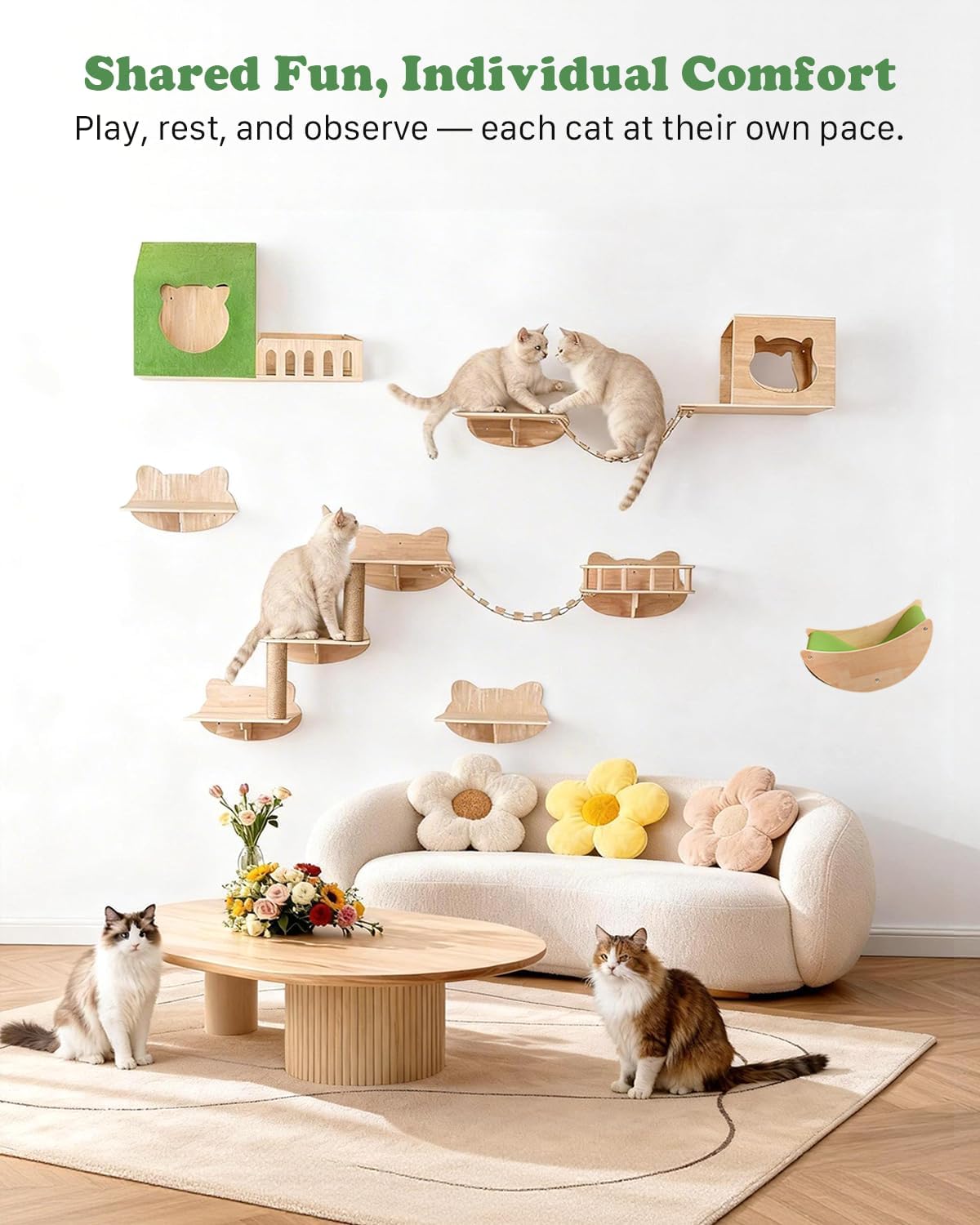Cat Wall Shelves, 16 in 1 Cat Wall Furniture with Green Wall House, Bridge, Steps, Climbing Post & Scratching Pad Modular Wall Mounted Cat Playground for Large Spaces & Multi-Cat Homes