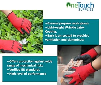 A406 24 Pairs Red Work Gloves Latex coated Crinkled finish Safety Gloves Non Slip Gloves Rubber Gloves for Builder construction gardening Heavy Duty for Construction, Warehouse (Large-9)