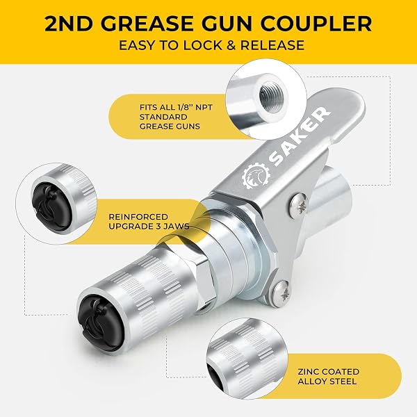 Saker Grease Gun Coupler-Upgrade to14000 PSI,Duty Quick Release Grease Couplers,Compatible with All Grease Guns 1/8" NPT Fittings(2 PCS) - 5