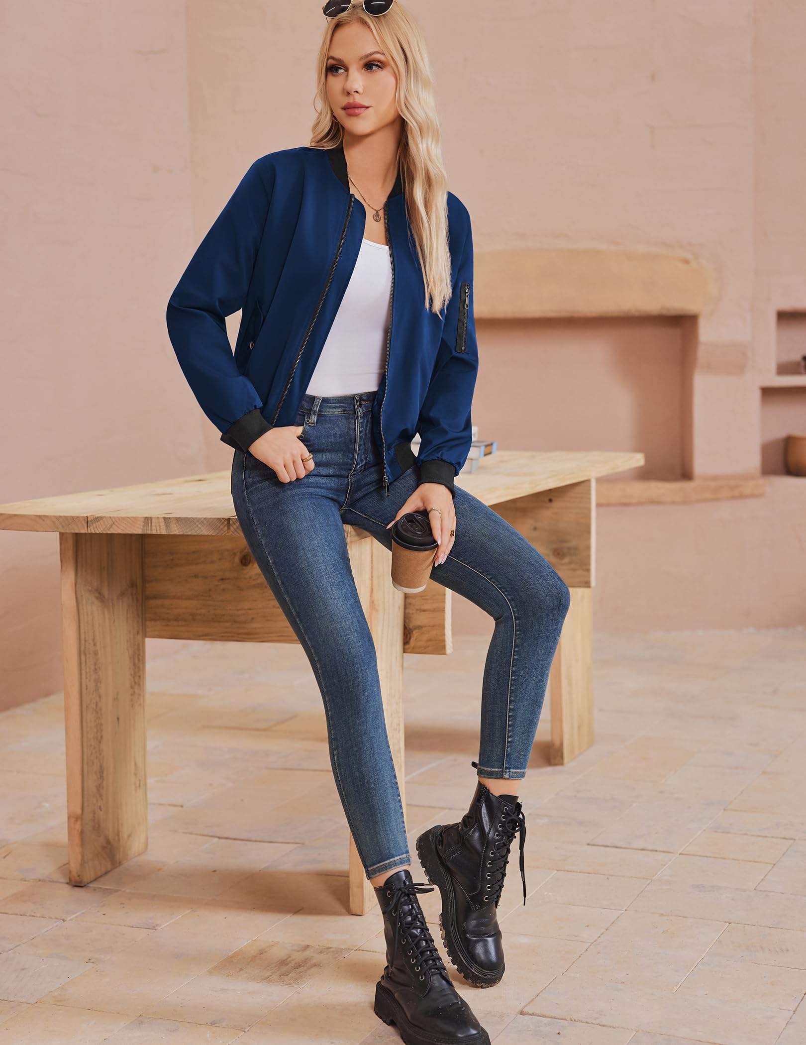 Zeagoo Veste Bomber Femme Blouson Court Court Léger Manches Longues style Décontracté Printemps et été Zippée Outwear Jacket S-3XL