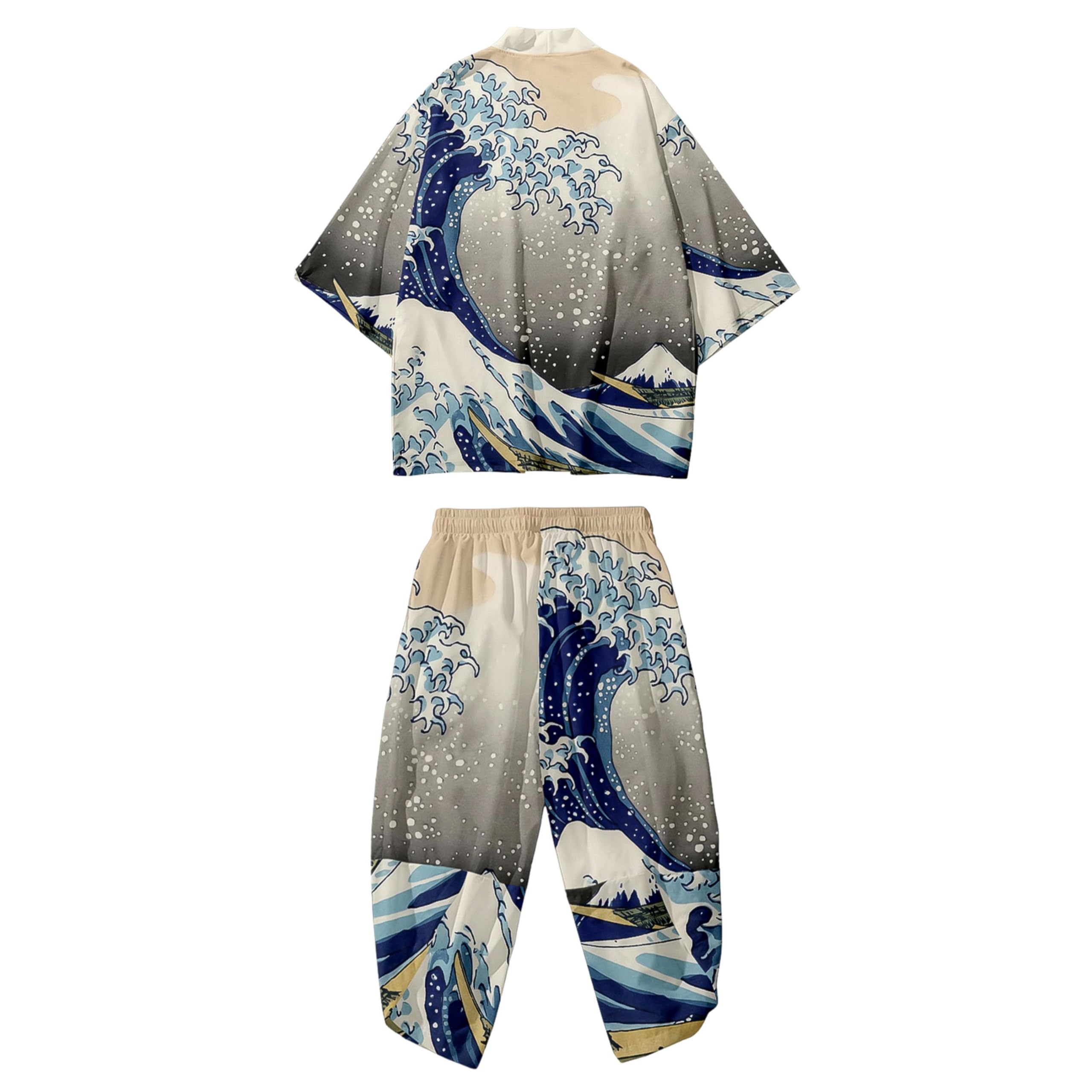 Mens Kimono Set 3/4 Sleeve Haori And Shorts Casual 2 Piece Japanese Outfits