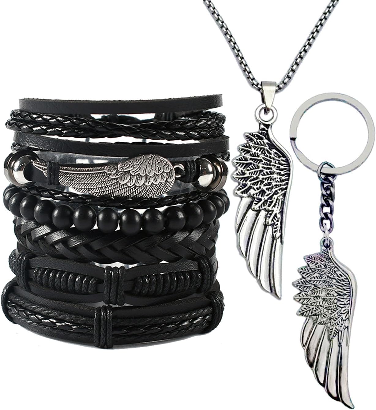 8Pcs Punk Leather Bracelet Set for Men & Women, 6Pcs Braided PU Cuffs, Necklace & Keychain, Adjustable, Stackable