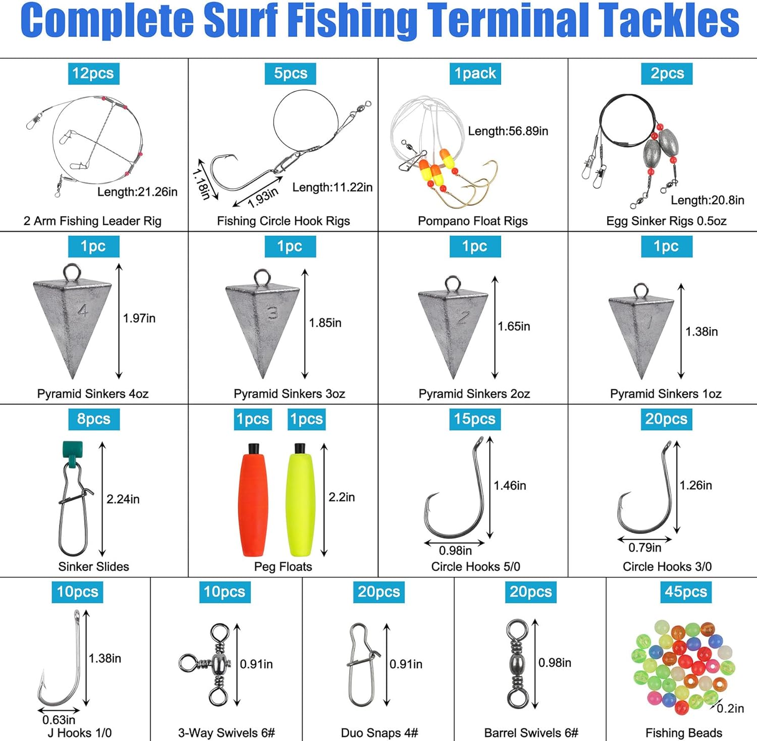 Saltwater Gear Surf Fishing Tackle Kit, Include Saltwater Lures, Pyramid Sinker Weights, Bucktail Jigs, Spoons, Leader Rigs, Catfish Hooks Swivels, Pier Ocean Sea Surf Fishing Freshwater Accessories