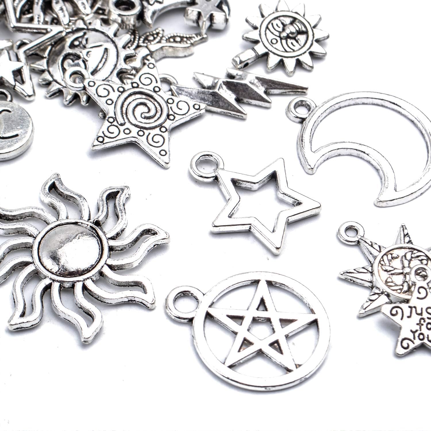 Aylifu 69 Pieces Antique Silver Alloy Moon Star Sun Charms Pendants Celestial Pendants Jewelry Findings for Necklace Bracelet Jewelry Making, 23 Styles - Image 3