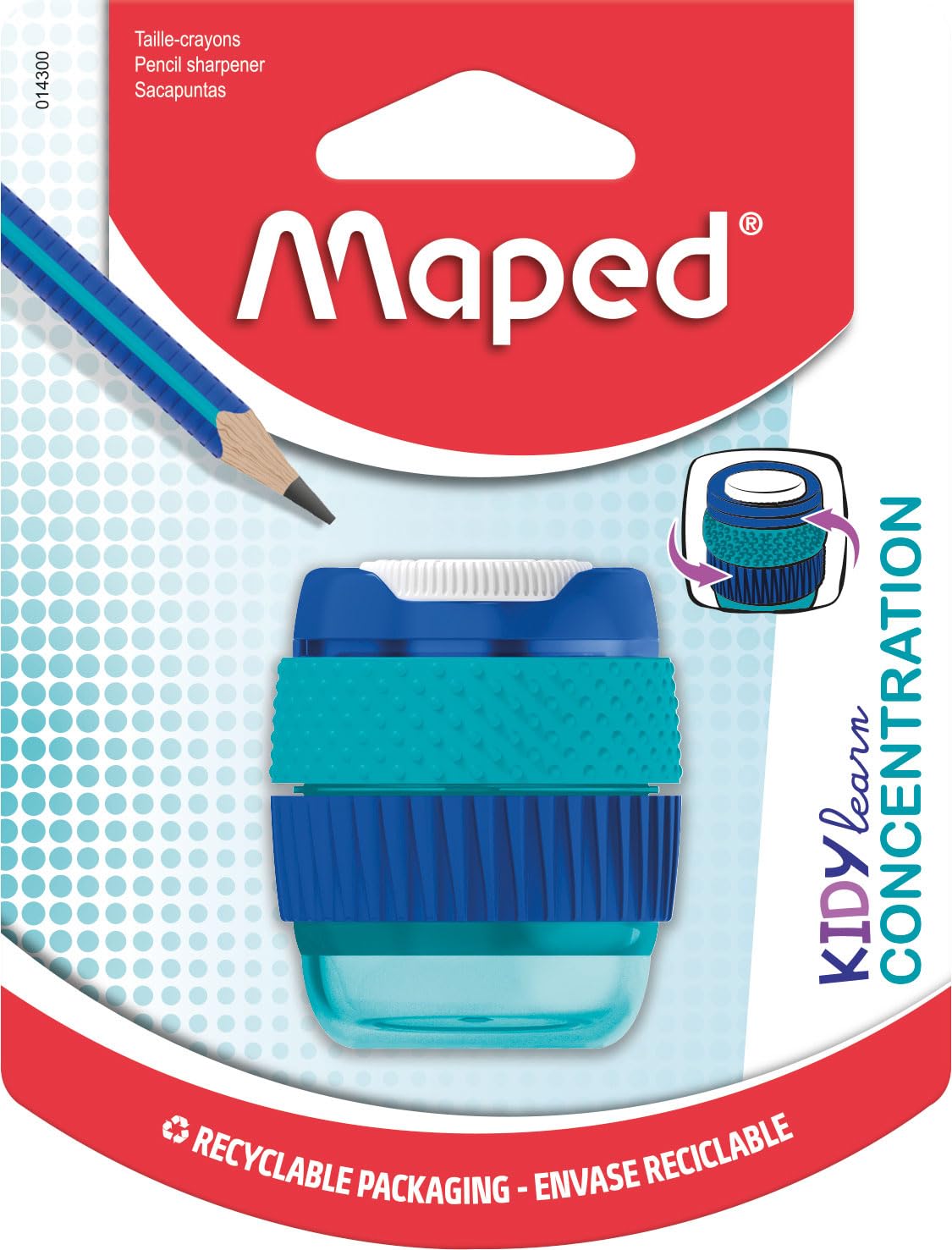 Maped - Temperamatite 1 Foro Kidy Learn Concentration - Con Serbatoio - Anelli Soft Rotanti - Funzione Clean - Riserva Grande Capacità
