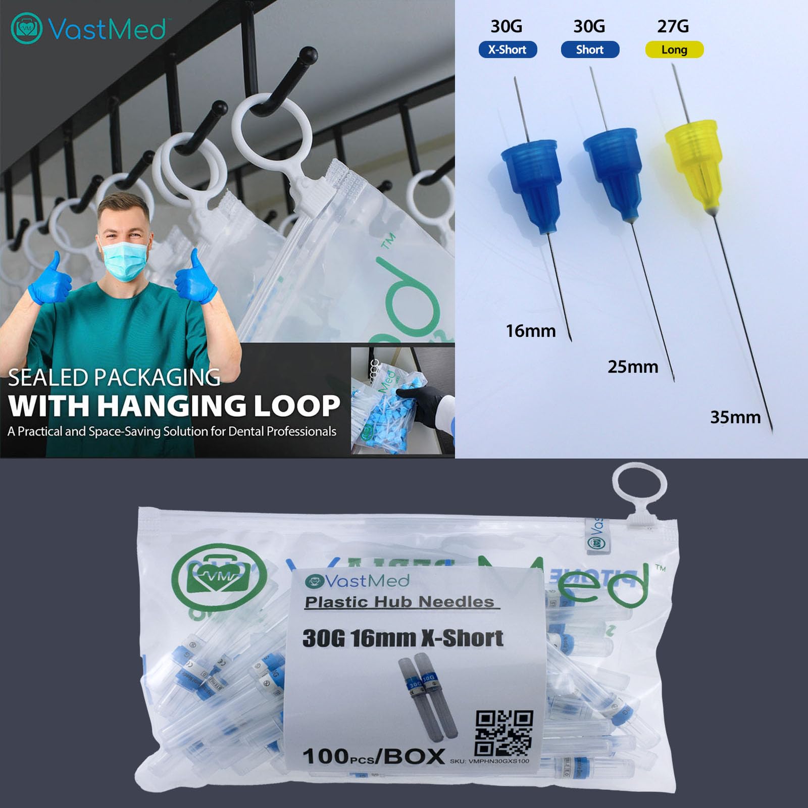 300PCs Dental Grade Plastic Hub Needles 30G X-Short by VASTMED | Disposable Dental Needles Self-Threading Blunt Tip Needles