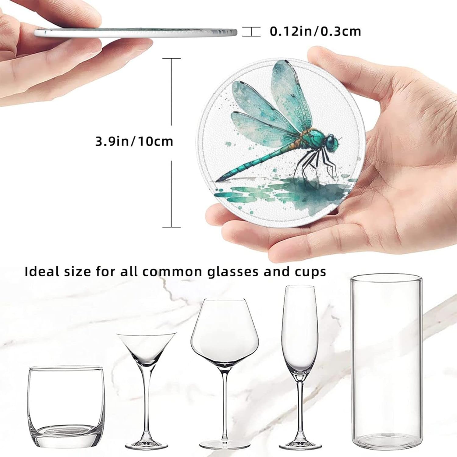 Famame 6 Pcs Blue Watercolor Dragonfly Leather Coasters for Drinks with Holder Coaster Sets Drink Table Cup Coasters for Living Room Kitchen Coffee Decor - Image 5