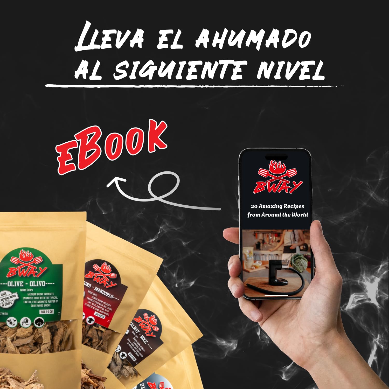 BWAY virutas de Madera para ahumar – Madera Barbacoa para Ahumado de Cerdo, Pescado, Frutas y Verduras – Madera de Ahumado con Aromas de Olivo, Naranjo, Almendro, Limón, Nogal y Roble (6×1 L)