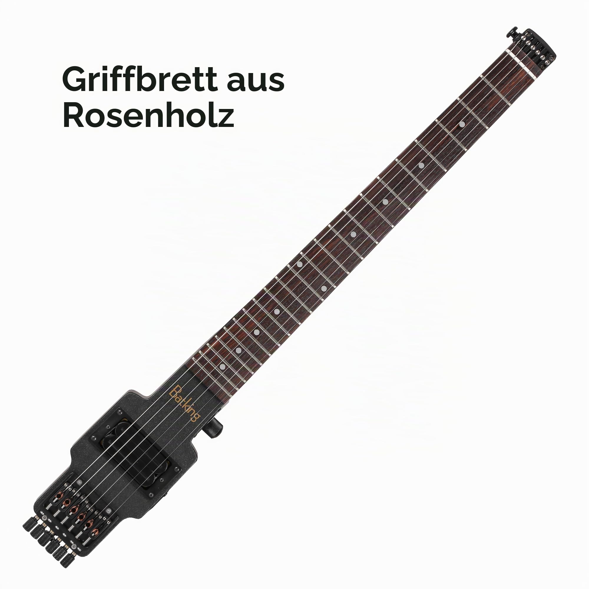 Batking Reise-E-Gitarre, kopflose Gitarre mit 6 Saiten, einteiliger kanadischer Ahornhals, durchgehendes Korpusdesign, Messing-Steg-Befestigung mit Gigbag