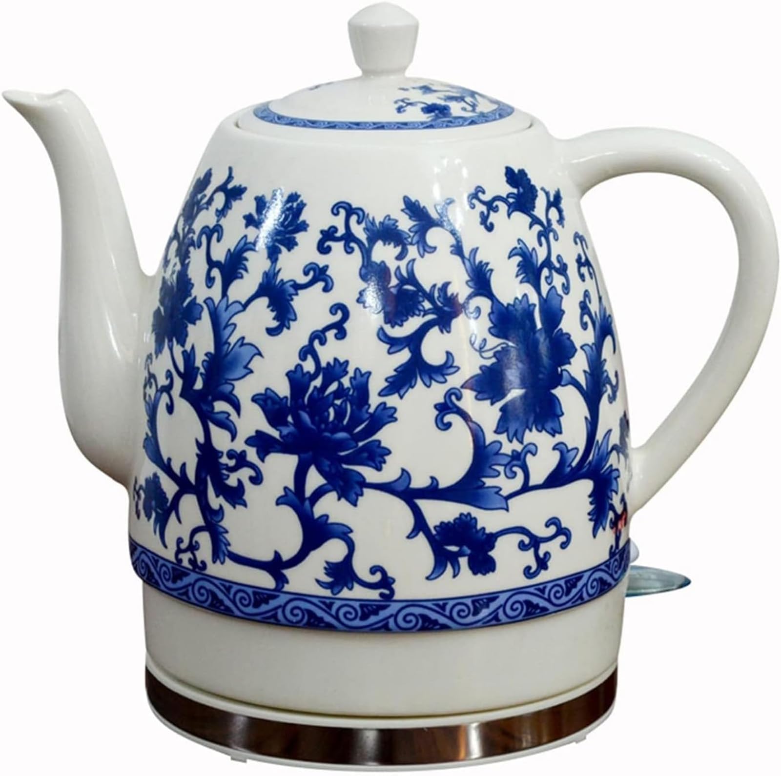 Ceramiczny czajnik elektryczny 1.5L, bezprzewodowy niebieski biały kocioł porcelanowy z płytą grzewczą ze stali nierdzewnej, szybki podgrzewacz wody do kawy herbaty Bezpieczny automatyczny wyłącz BPA