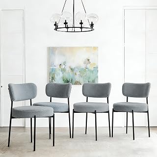 Grey Boucle Dining Chairs Set of 4, Upholstered Dinner Chair with Metal Frame, Dining Room Chairs with Padded Seat, Round Modern Seating for Living Room