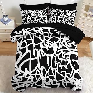 Nesker 7 Pcs Comforter Set Full Size, Abstract Graffiti Bedding Set for Kids and Adults, White Black Paint Funny Bed Sheet Sets with Fitted Sheet 2 Pillowcases & 2 Shams