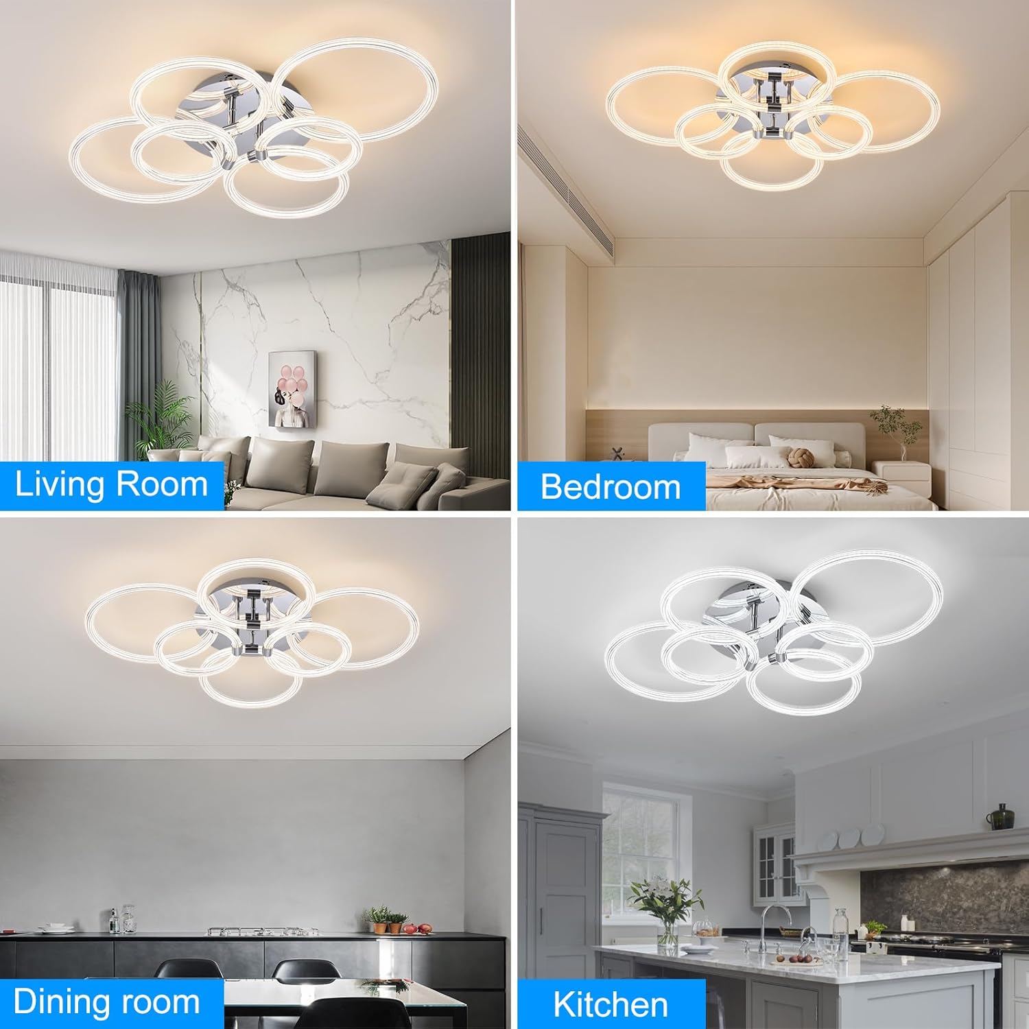 Modern LED Ceiling Light, Flush Mount Ceiling Light with Dimmable Remote Control, 6Rings Acrylic Ceiling Light Fixture for Bedroom, Living Room, Kitchen, Office Lamps (6 Heads)