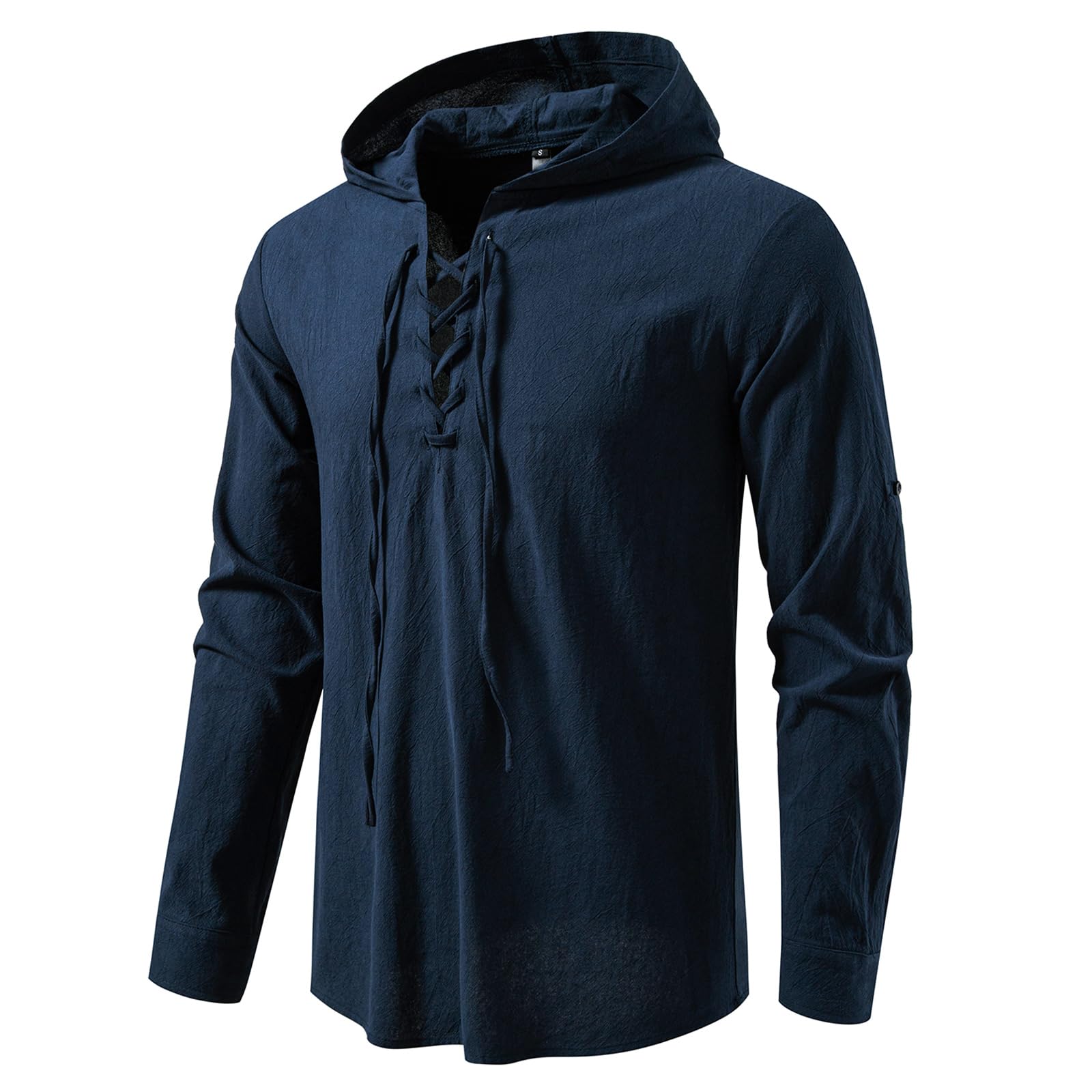 MakingDa Lace Up Hooded Shirt Men Medieval Viking Tunic Costume Cotton Pirate LARP Tops Loose Fit Long Sleeve Steampunk Renaissance Victorian-Dark Blue-S