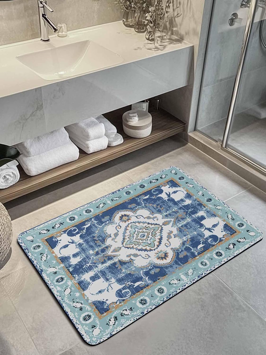 Bath Rugs Bathroom Rug,Monaco Retro Pattern Navy Absorbent Diatomaceous Earth Bath Mat Quick Drying Non-Slip Washable Shower Mat,Boho Style Geometric Art Light Blue Doormat for Bathtub Kitchen