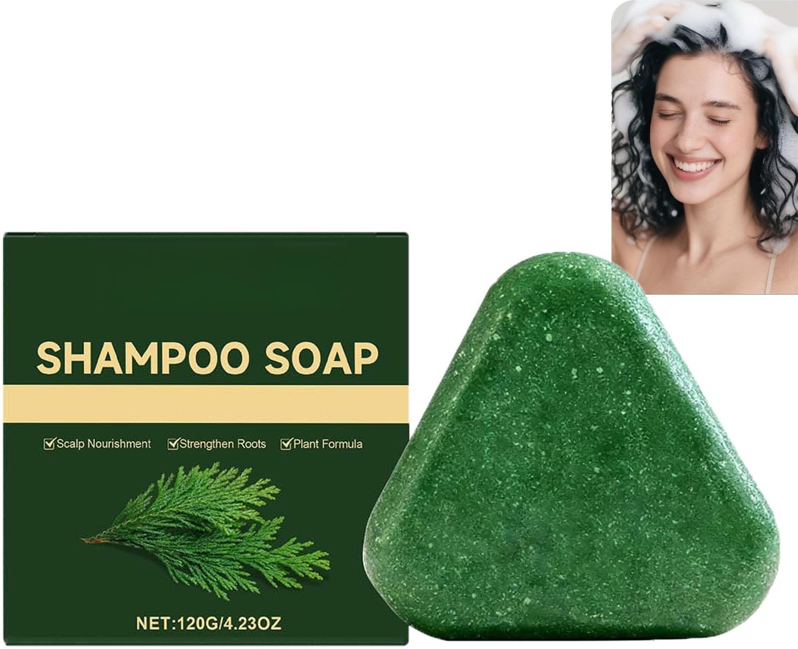 Olive Fruit Oil Shampoo Bar,Green Solid Soap,Coconut Triangle Hair, Conditioner Growth Promoting, Cleanser Strengthening,Smoothing Gentle,Cleansing Nourishing Care (1pcs)