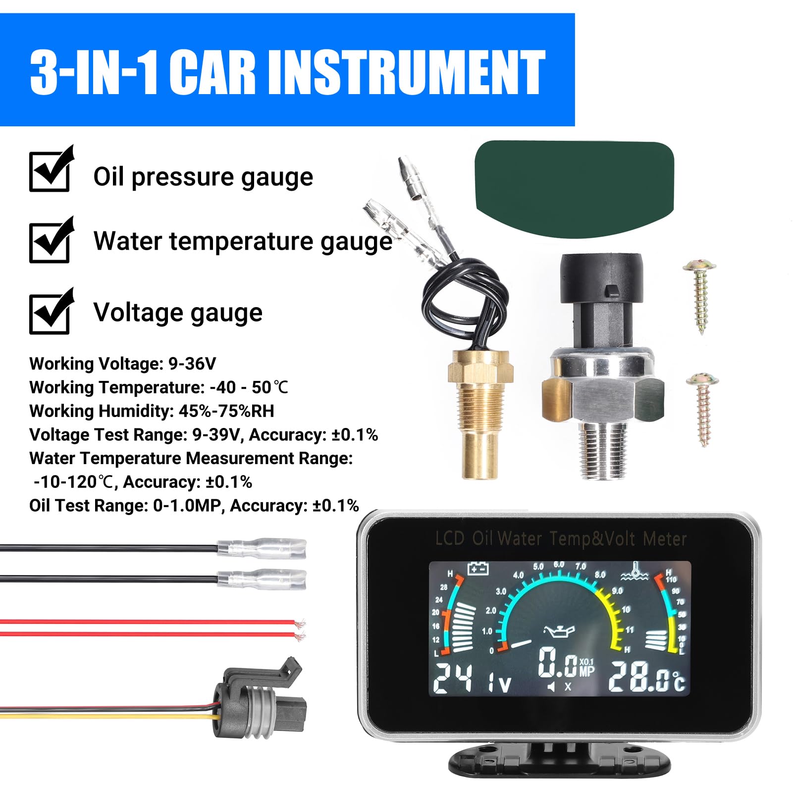3 su 1 multifunzione auto LCD Digital Display Display Olio Pressione Acqua Temperatura Voltmetro Strumento a scopo universale 9-36 V per auto, camion, o SUV