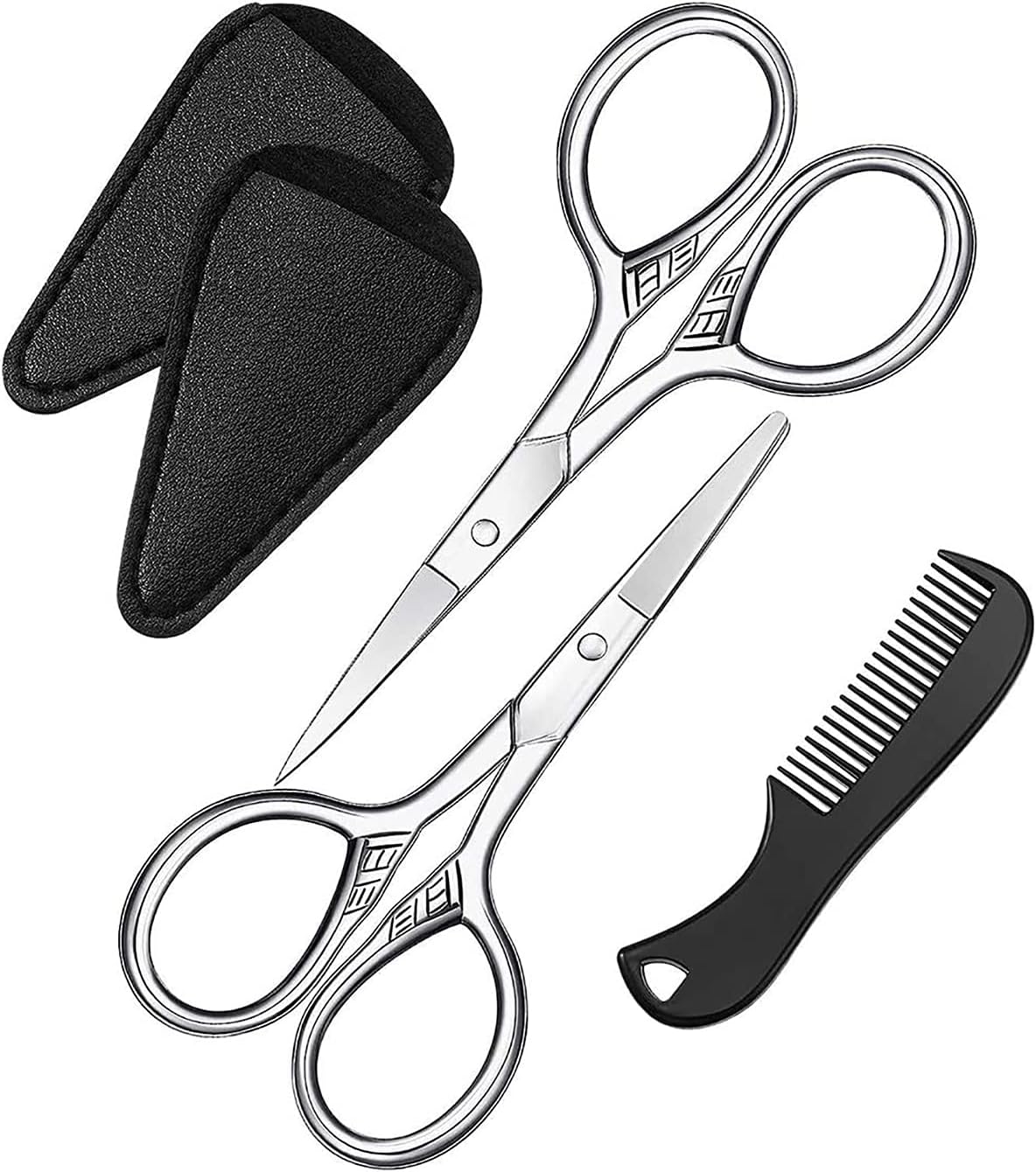 DELFINO Beard Trimming Scissors Set, Grooming Scissors for Men and Mustache Beard Comb Beard Grooming Trim Scissor Kit with Storage Bag
