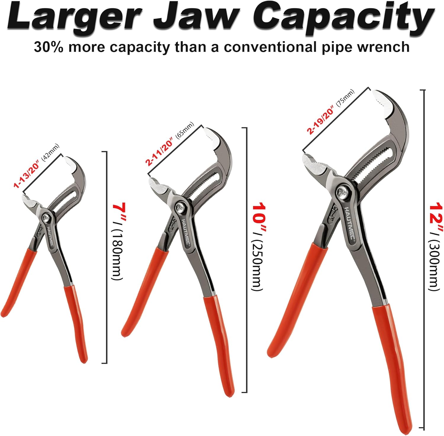 HAUTMEC 3 PCS Water Pump Pliers Set, Fast Adjustable Tongue and Groove Joint Pliers Tool Set,V-Jaw with Comfort Grips, 7 10 12Inch Plier Rust-Proof CRV Steel Construction for Plumbing HT0370-PL