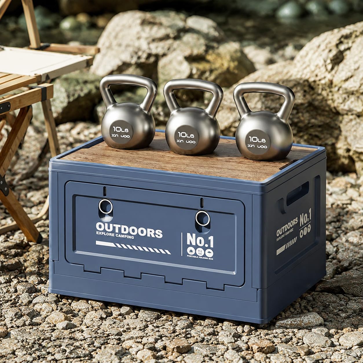 Tragbare Camping Aufbewahrungsbox mit Deckel, Koffraum Organiz für Camping Zubehör, für Gepäck, Meersalzblau, Breite 40cm, PP-Deckel + Holzplatte, 30L