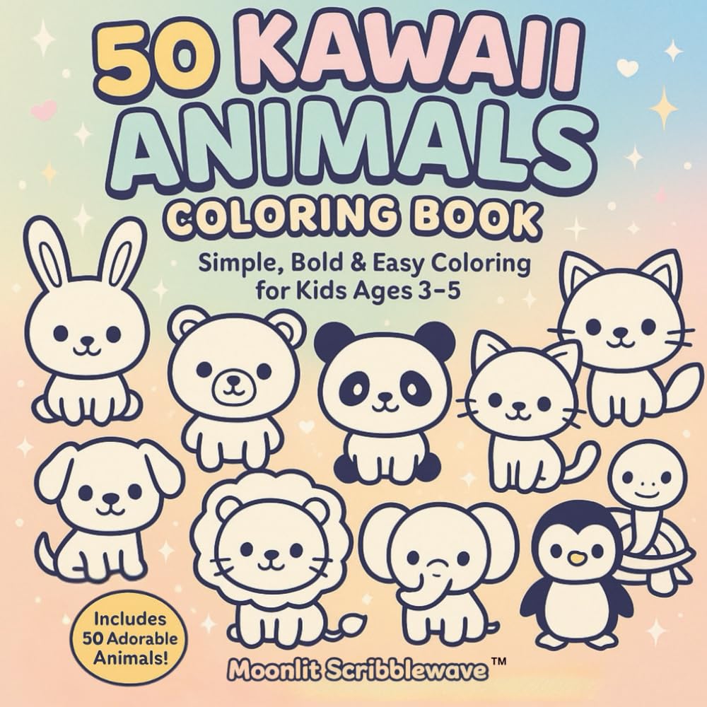 50 Kawaii Animals Coloring Book: Simple, Bold & Easy Coloring Pages for Kids Ages 3–5 • Cute Animal Designs • Thick Lines for Toddlers & Preschoolers