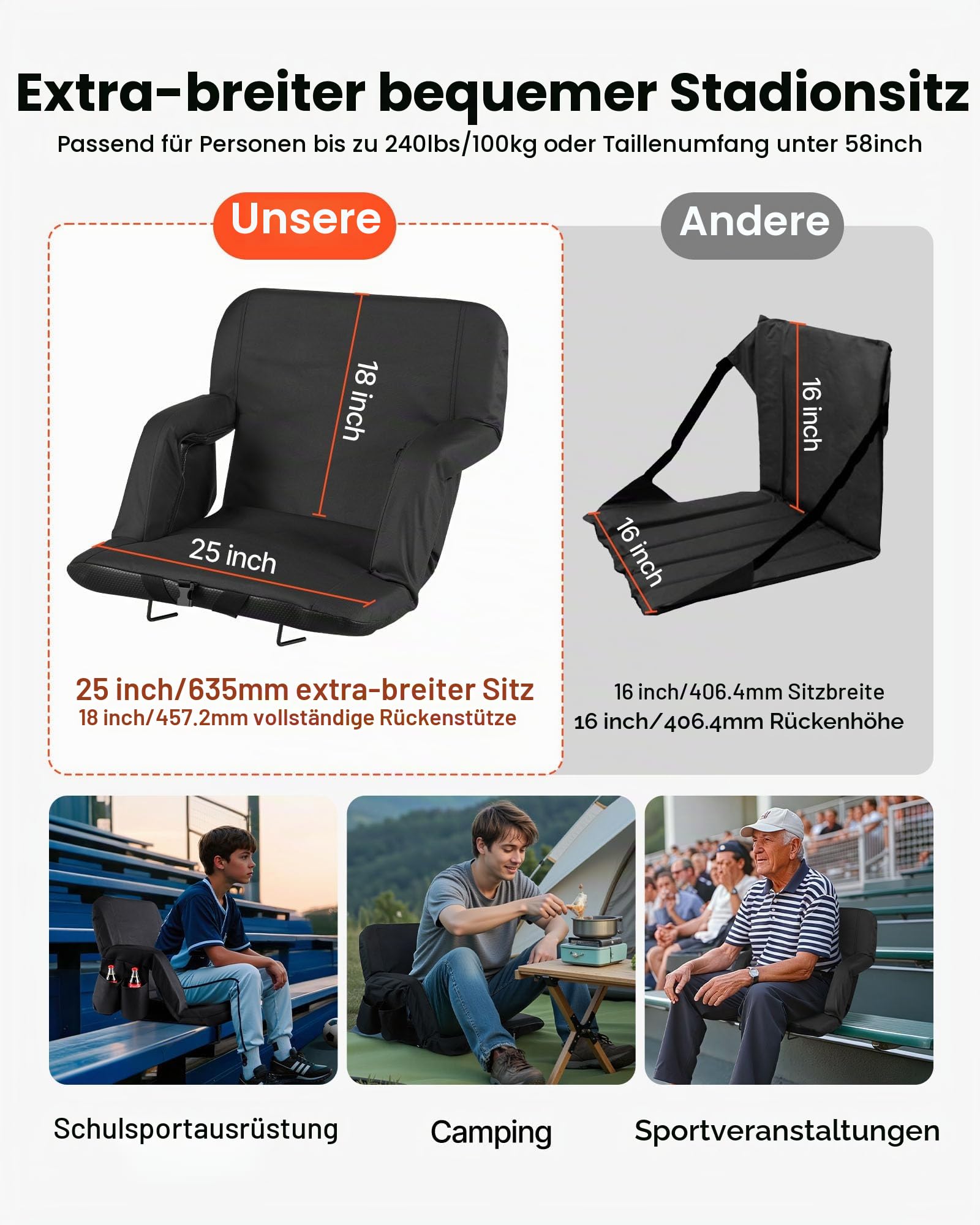 VEVOR 2 x Stadionsitz Sitzkissen mit 6 einstellbaren Winkeln, gepolsterter Stadionstuhl (635 mm breit) mit Armlehne & Rückenlehne & Getränkehalter, Tribünensitz für Picknicks Strandsport Gaming