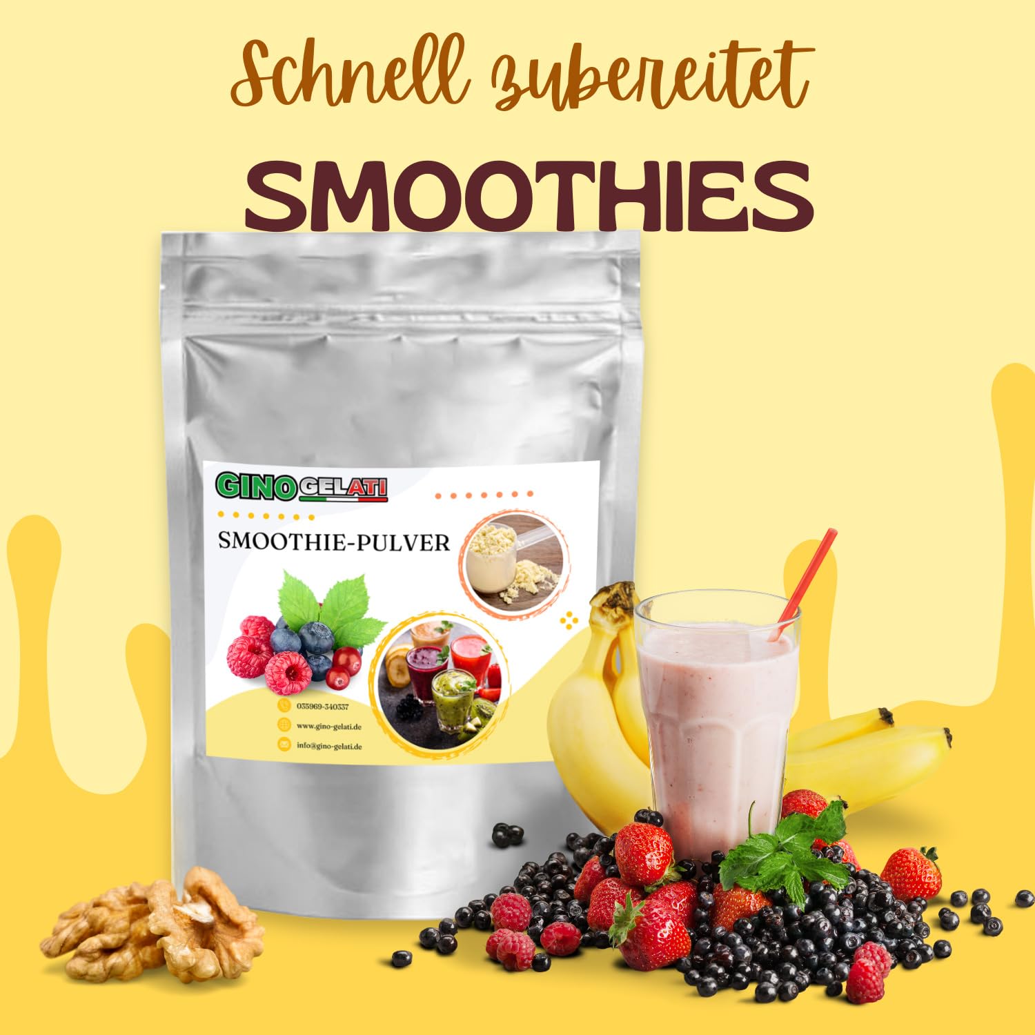 Gino Gelati Kaugummi Smoothie Pulver verschiedene Varianten und Größen verfügbar, schnelle und einfache Zubereitung, Mischverhältnis 1 : 8, Made in Germany, Vegan (1 Kg, Rosa)