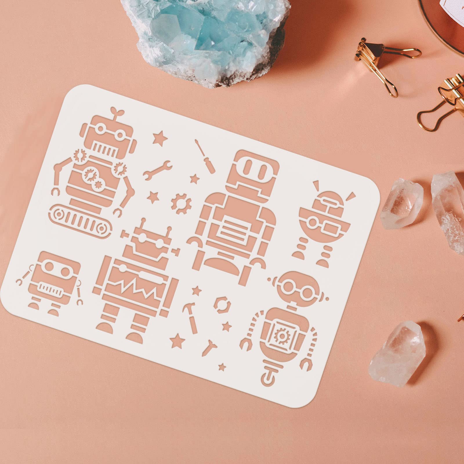 FINGERINSPIRE Robot Stencils 29.7x21cm Robots Painting Stencil Plastic Screw Nut Screwdriver Wrench Hammer Pattern Stencils Resuable DIY Robot Crafts Stencil for Painting on Wood Floor Wall - Image 3