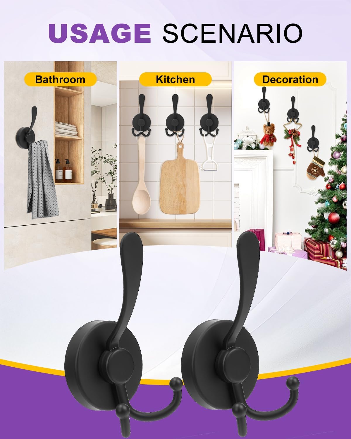 Suction Cup Hooks, Large Double Shower Hooks for Inside Shower, Heavy Duty Suction Hook for Glass Window, Black, 1 Pack