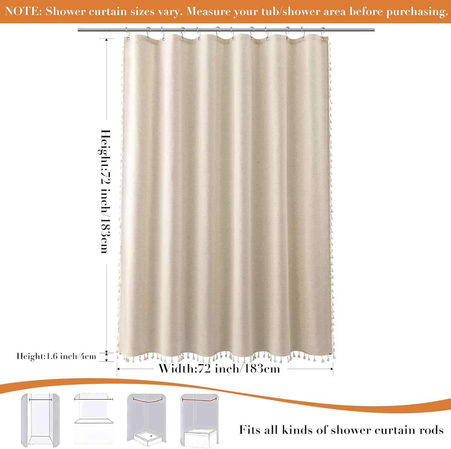 Nanspring Beige Boho Linen Shower Curtain 72 Inch Cute Tassel Natural Boho Vintage Rustic Fabric Bath Curtain Set with Hooks Neutral Farmhouse Country Elegant Shower Curtain for Bathroom 72x72, Beige