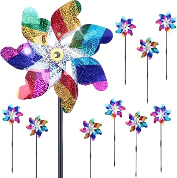 BATTIFE Reflective Pinwheels for Yard and Garden, Pre-Installed Sparkly Blind Birds Pin Wheel, Scare Birds & Animal Away Wind Spinner, 10 Pack Colorful
