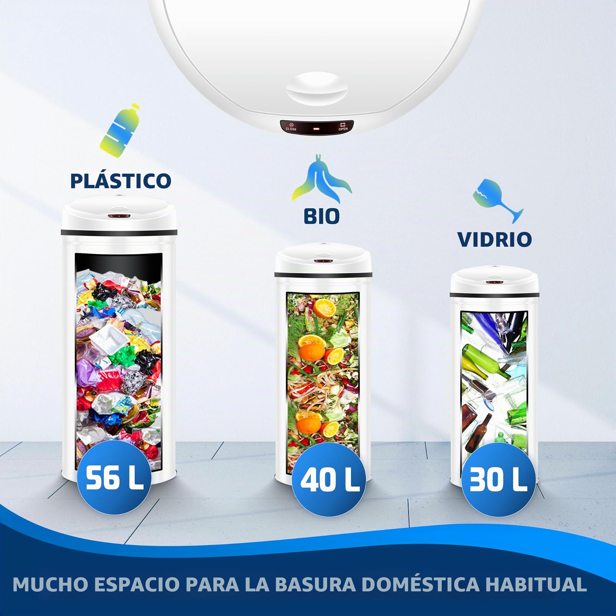 KESSER Cubo de basura automático con sensor de 40 litros – Cubo de basura eléctrico de acero inoxidable, apertura sin contacto, bajo nivel de ruido para cocina, baño, oficina, color blanco con soporte