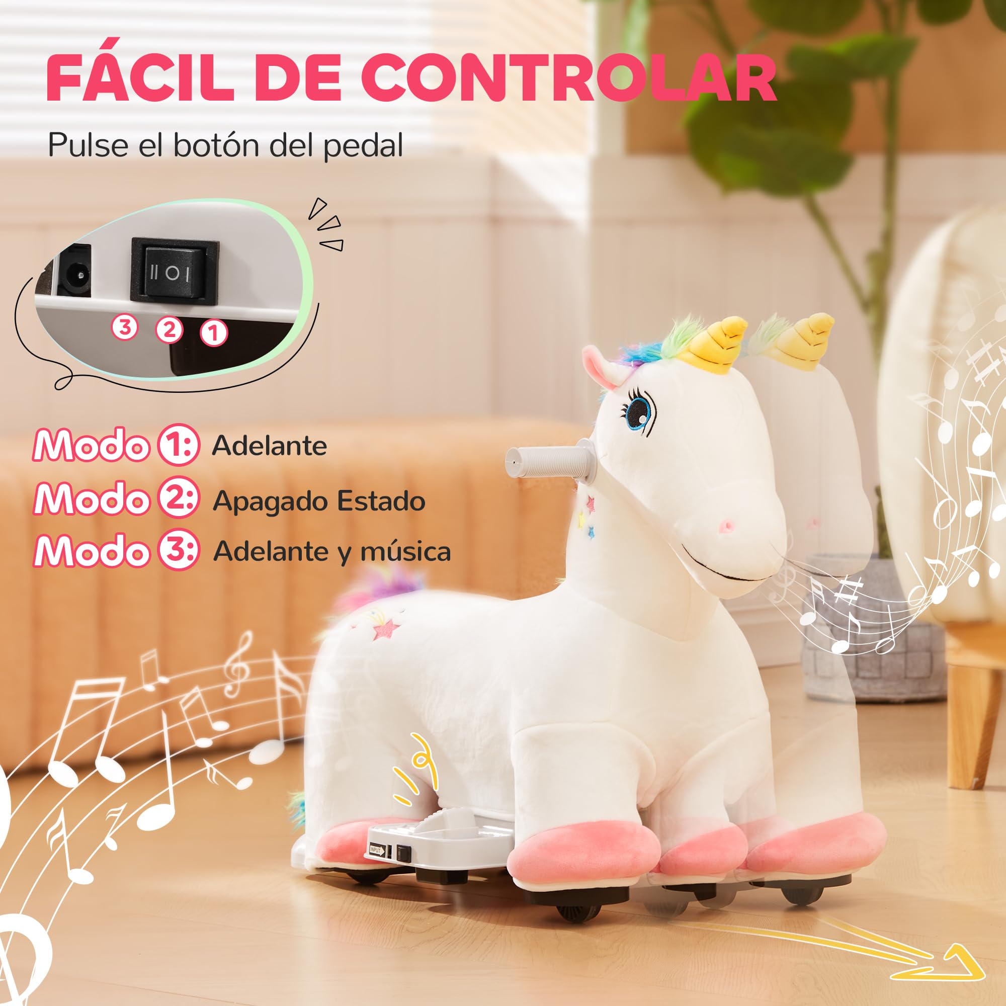 AIYAPLAY Unicornio Eléctrico para Niños de 18 a 36 Meses Caballo Balancín Eléctrico con Batería 6V y Música Carga 25 kg 69x34x53 cm Blanco